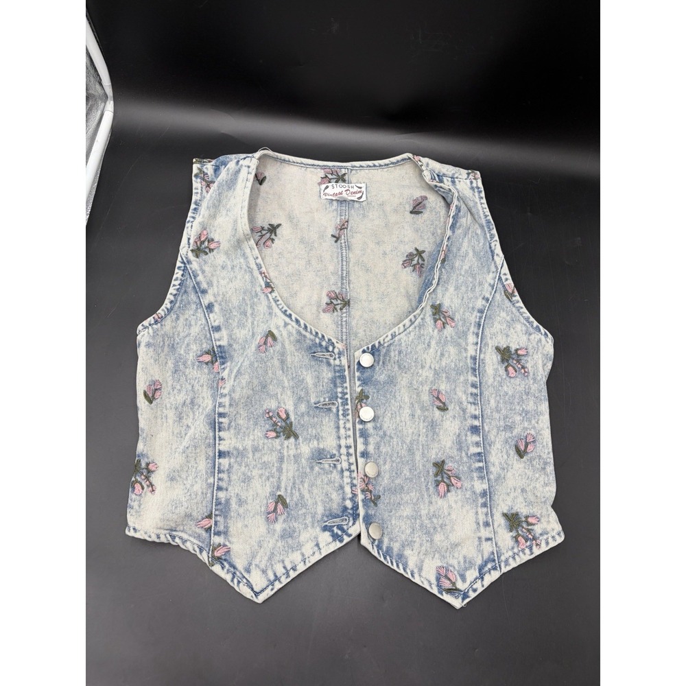 Stoosh Womens Vintage Denim Embroidered Floral Vest Acid Wash XL Vintage